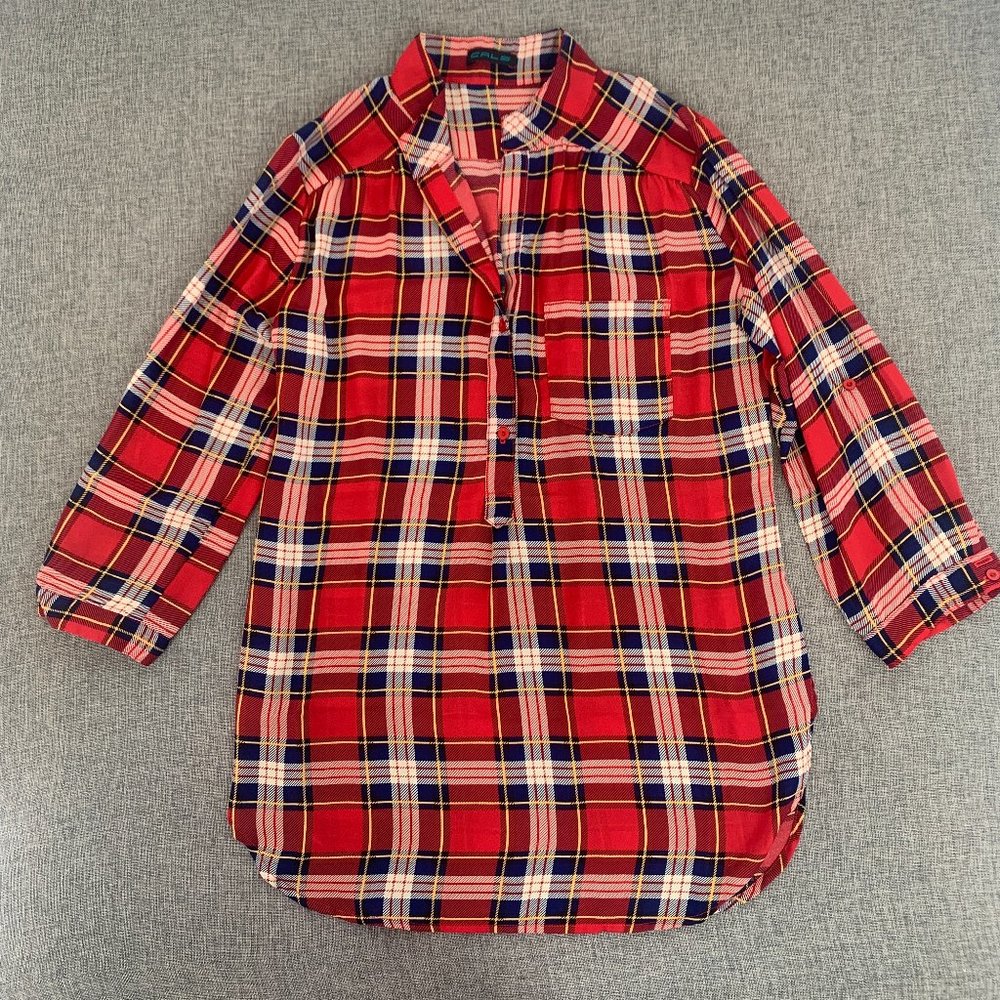Cals Red Plaid Long Half Button Shirt Oversized Lightweight Top Small Semi-Sheer